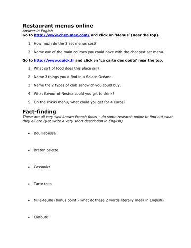 Research & reading h'work/classwork on French food