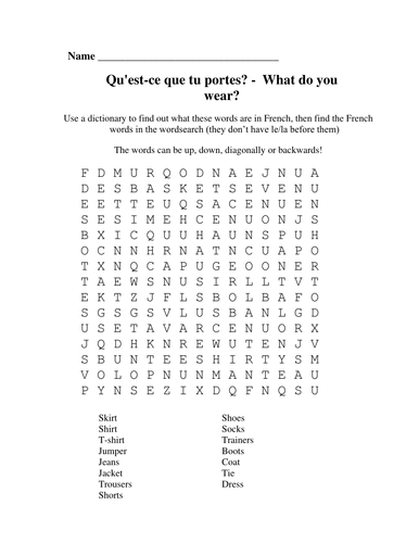 Clothes wordsearch