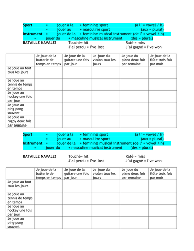 Instruments & Sport - jouer a + sport; jouer de + instrument