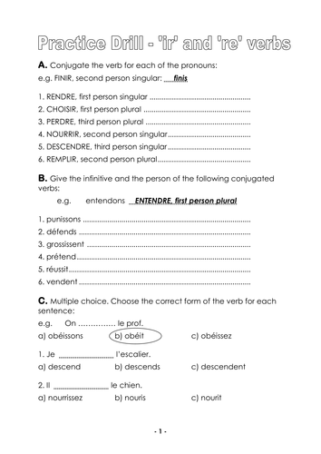 French '-ir' and '-re' verbs in the Present Tense