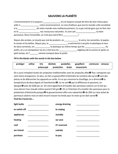 sauvons la planète French reading comprehension