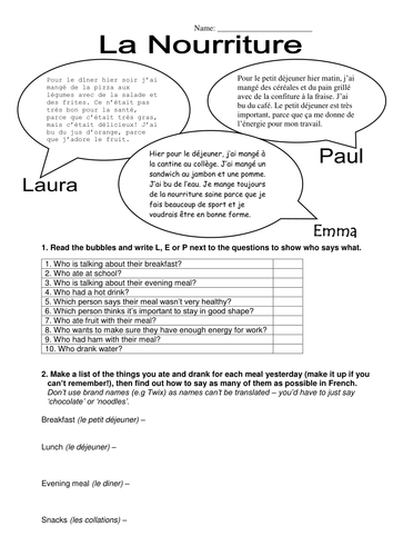 Food and health reading and writing