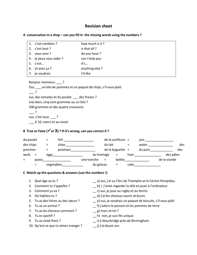 French revision worksheet