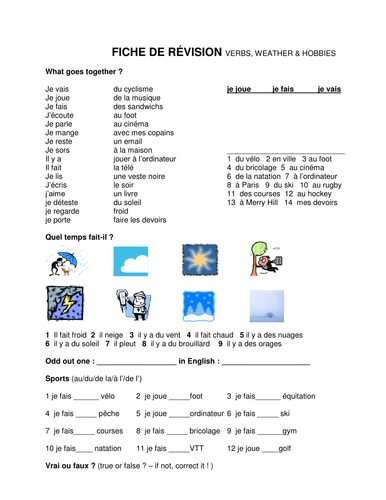 6th grade French reviewing handout & test