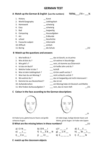 German vocab test for beginners