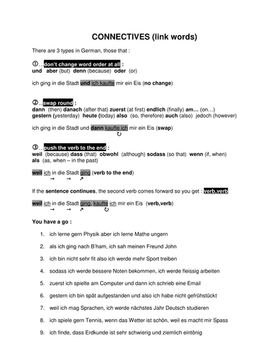 Conjunctions; connectives & link words in German