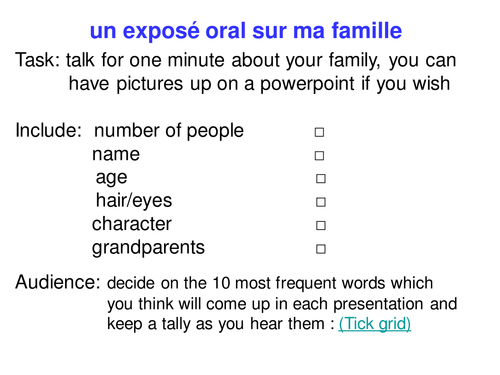 A student oral presentation on la famille.
