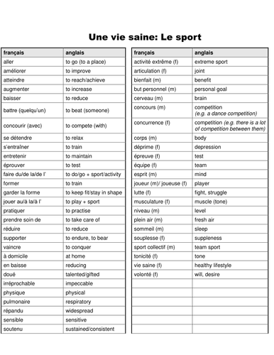 Health vocab sheets