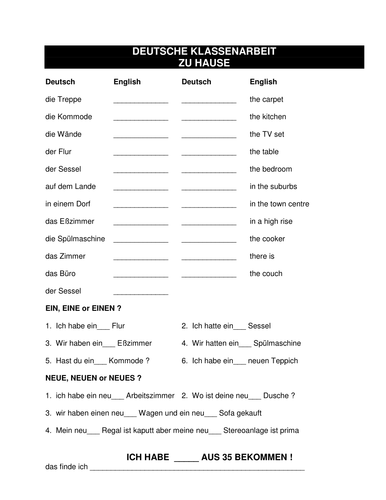 Zu Hause Klassenarbeit