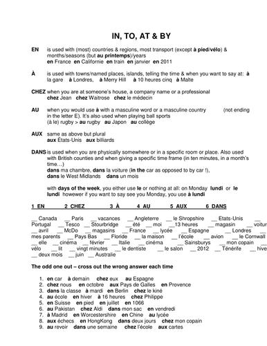 6 French prepositions: dans, à, en, au, aux & chez