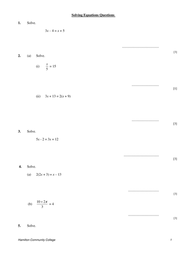 Solving Equations Worksheets