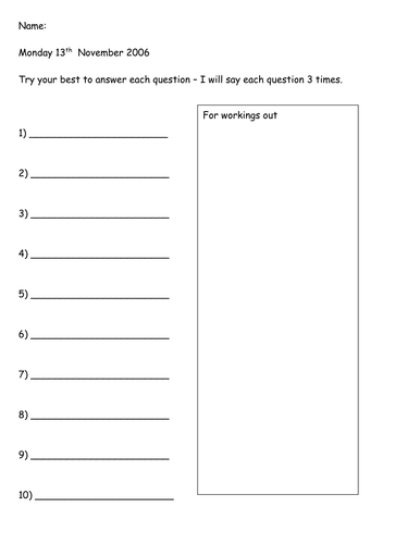 math template exam Set Mental  Unit Test of 25 Maths Upper Primary/Early