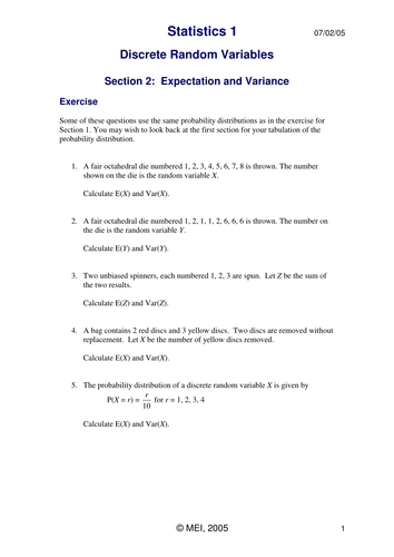 Expectation and Variance Worksheet