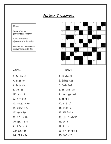 algebra crossword puzzle worksheets
