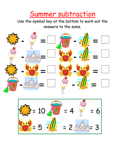 Summer symbol subtraction activity