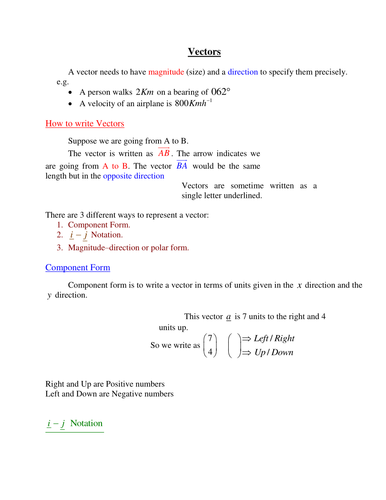 Vectors Definitons and Worked Examples