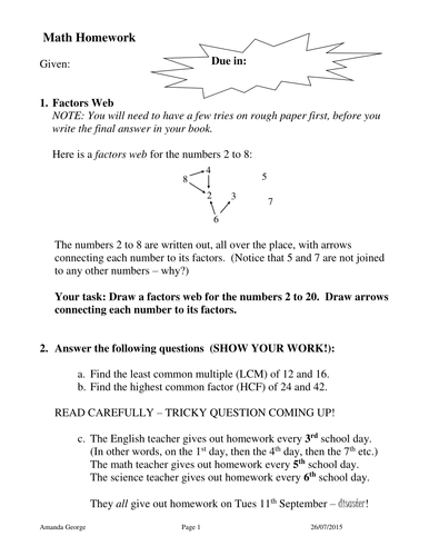Factors and Multiples Homework Sheet