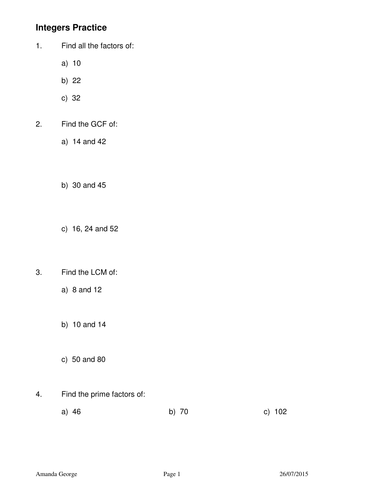 Integers handouts