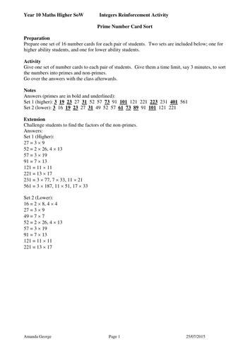 Prime Number Card Sort