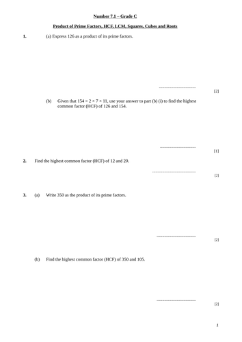 Product of Primes – GCF; LCM; squares; cube
