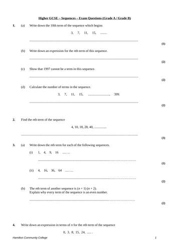 GCSE Exam Questions – Sequences worksheet by mrbuckton4maths - Teaching