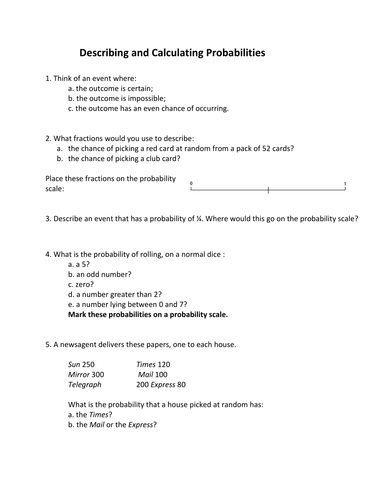 Describing and Calculating Probabilities | Teaching Resources