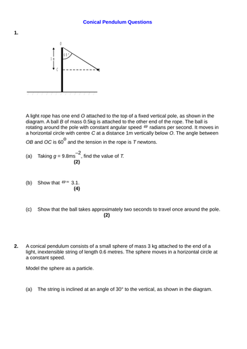 Worksheet with questions on conical pendulums
