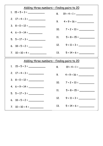 Adding 3 numbers (finding pairs to 20) | Teaching Resources