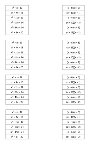 Matching Cards - Factorizing Quadratics