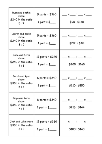 Matching Cards - Ratio Dividing a Quantity