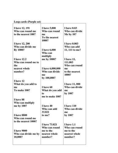 Loop Cards: Multi; Div; + - Decimals; Rounding