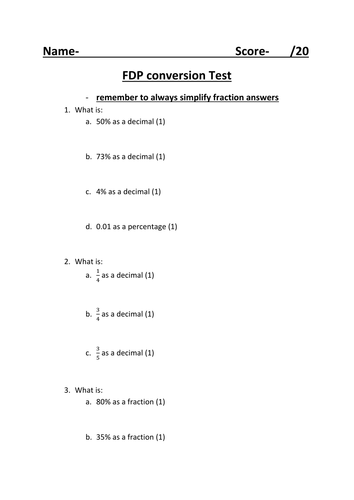 Fraction; decimal percentage conversion test