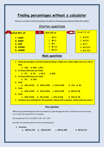 Percentages worksheet (without calculator)