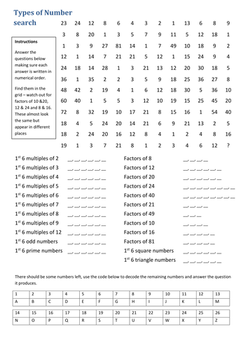 Factors and Multiples of Numbers Search