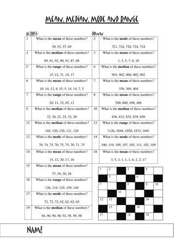 Mode; Median; Mean; Range Crossnumber