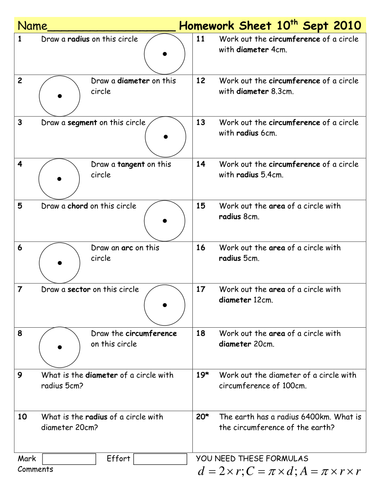 Homework sheet on circles