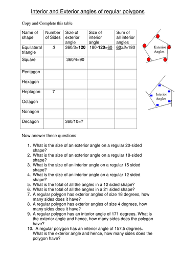 Interior And Exterior Angles In Regular Polygons Worksheet With Solutions