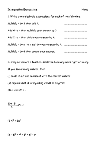 Worksheet – Interpreting Expressions by mrbuckton4maths | Teaching