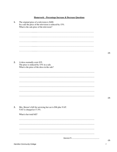 Handout – Percentage Increase Decrease