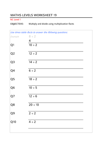 Division Facts (Two Times Table)