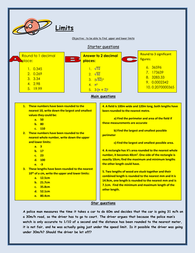 Limits (upper and lower bounds) worksheet