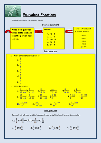 Equivalent fractions handout