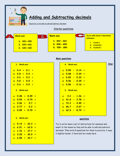 Adding and Subtracting Decimals handout