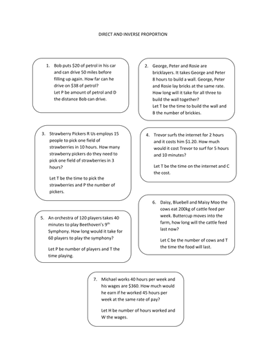 Direct and inverse proportion card sort
