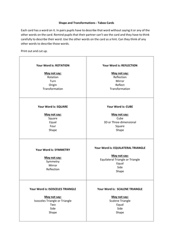 Shape and Transformation Taboo Cards
