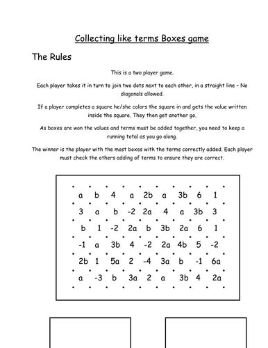 Collecting like terms 'boxes' game - Algebra