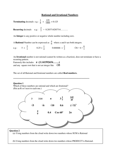 rational irrational numbers teaching resources