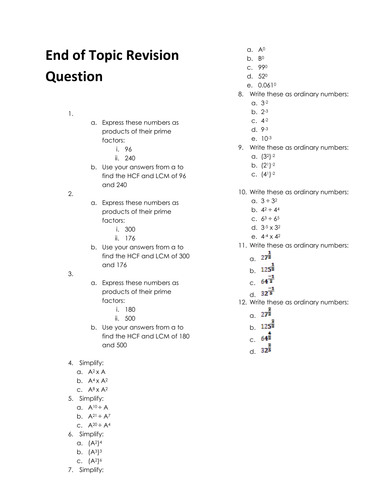 review sheet for laws of indices