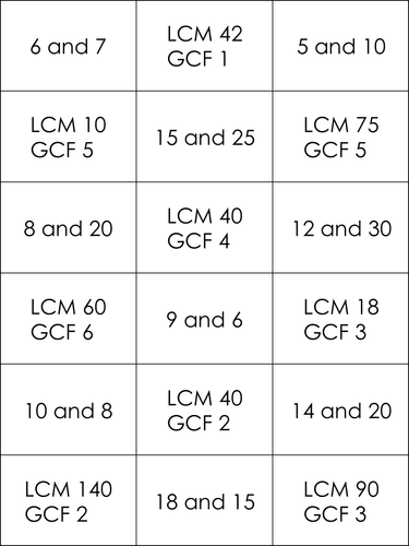 GCF and LCM mathcing cards