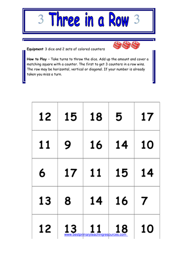 Three in a Row Number Game Teaching Resources